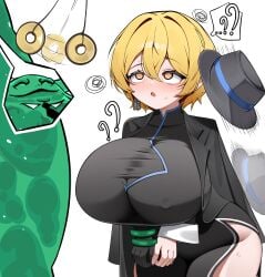1girls abnormality_(project_moon) black_coat black_dress black_gloves black_hat blonde_hair china_dress chinese_clothes cinq_association_(identity)_(project_moon) cinq_association_east_uniform coat coat_on_shoulders coin coin_on_string don_quixote_(limbus_company) don_quixote_(project_moon) dress earrings female gloves hat hypnosis jewelry large_breasts limbus_company nipples_visible_through_bra project_moon round_eyewear short_hair smile yellow_eyes