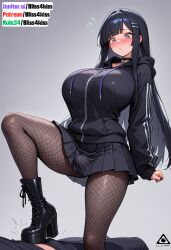 ai_generated anime_boy anime_style aroused_expression artistic_nudity black_hair black_hoodie black_platform_boots bliss4kiss body_sweat choker close_up_thighs curvaceous_figure cute_expression detailed_anatomy detailed_background detailed_skin_texture digital_illustration dripping_sweat dynamic_pose embarrassed_blush emotional_expression erotic_art explicit_anime explicit_nudity fantasy_art fishnet_thighhighs flushed_cheeks futanari glossy_finish gray_background hentai_style high_quality_art highres indoor_scene intimate_pose kuro kuro_character large_breasts long_hair one_leg_up perfect_proportions playful_blush pleated_skirt provocative_pose purple_eyes realistic_shading seductive_pose sexy_pose shy_pose skirt_lift sleek_body soft_lighting solo standing_pose subtle_blush sultry_expression sweat vibrant_colors wet zip_up_hoodie
