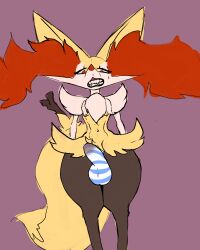 arm_tuft big_tail big_teeth bodily_fluids braixen bulge chromethefox clothing detailed_bulge disgruntled erection fluffy fluffy_chest fur fur_skirt generation_6_pokemon genital_fluids genital_outline hi_res inner_ear_fluff male nintendo object_in_tail orange_body orange_fur pattern_clothing penis_outline pokemon pokemon_(species) precum precum_through_clothing shoulder_tuft solo stick stick_in_tail striped_clothing stripes tail tuft underwear wet wet_clothing white_body white_fur yellow_body yellow_fur