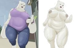 anthro aoino_broome bear big_breasts bodily_fluids breasts closed_eyes clothed clothing curvy_figure detailed_background featureless_crotch female food fur hi_res huge_breasts leek mammal mature_anthro mature_female nipples nude onion open_mouth plant polar_bear running simple_background slightly_chubby smile solo sweat ursine vegetable voluptuous white_background white_body white_fur wide_hips