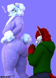 3d_(artwork) absurd_res anthro ass big_ass big_breasts big_butt blender_(artwork) blender_cycles_(artwork) blue_bottomwear blue_clothing blue_eyes blue_pants bottomwear breasts canid canine canis clothing confuse diego_(diegothewolf) diegothewolf digital_media_(artwork) duo exclamation_point female fortnite fur green_clothing hair happy hi_res huge_ass kneeling lady_poodlina male mammal pants poodle purple_clothing red_body red_hair short_ears short_hair short_tail tail white_body white_fur white_hair wolf