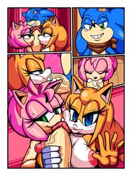 absurd_res amy_rose anthro big_breasts big_penis breasts canine cloudz comic cum cum_in_mouth cum_inside fellatio female fox group group_sex hedgehog hi_res huge_breasts huge_cock licking male mammal oral penis penis_lick sex sonic_(series) sonic_boom sonic_the_hedgehog straight superbunnygt threesome tongue tongue_out video_games zooey_the_fox