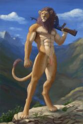abs absurd_res anthro balls claws cloud cloudy_sky day detailed_background ears_up evk felid flaccid fur genitals gun hi_res holding_gun holding_object holding_ranged_weapon holding_weapon humanoid_genitalia humanoid_penis inner_ear_fluff landscape light lion looking_away male mammal mane mountain muscular muscular_anthro muscular_male navel nipples noon nude pantherine penis plant proud pubes ranged_weapon rock sky solo standing sunlight tail tail_tuft tuft weapon wind yellow_body yellow_fur