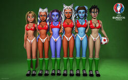 2016 3d 6girls aayla_secura ahsoka_tano alien alien_girl arcadonna artist_name bald bare_shoulders big_breasts bikini bikini_bottom bikini_top black_hair blonde_hair blue-skinned_female blue_eyes blue_skin busty cleavage clone_wars clothed clothed_female clothing crossover curvy detailed_background disney disney_princess disney_xd eyelashes female female_only football footwear freckles front_view green_eyes green_footwear green_legwear green_stockings group headgear holding_object hourglass_figure human humanoid hungary jedi jedi_master jedi_padawan kondaspeter legwear lipstick long_hair looking_at_viewer lucasfilm makeup mammal marking midriff multiple_girls non-nude orange_skin pantoran pink_lipstick pose posing purple_lips rapunzel riyo_chuchi shadow shiny shiny_skin shoes short_hair standing star_wars star_wars_rebels stockings swimsuit tangled thong tied_hair togruta twi'lek twintails uefa_euro_2016 very_long_hair voluptuous wide_hips yellow_eyes yellow_hair