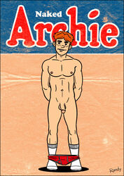 1male archie_andrews archie_comics average_sized_penis briefs briefs_around_ankles briefs_down circumcised comic_book_cover erect_nipples flaccid freckles functionally_nude functionally_nude_male hands_behind_back male male_only naked no_pubic_hair orange_background pecs penis randy randyslashtoons red_briefs red_hair red_underwear smooth socks solo solo_male underwear_around_ankles