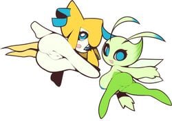 2girls antennae ass big_breasts breasts celebi duo eyelashes feet female female_only flat_colors green_skin humanoid innie_pussy jirachi legendary_pokemon looking_at_viewer multiple_girls nintendo nipples plantpenetrator pokémon_(species) pokemon pokemon_(species) pokemon_gsc pokemon_rse pussy shortstack simple_background video_games white_background white_skin wide_hips wings yellow_skin