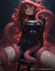 ai_generated bangs bodysuit breasts cleavage cleavage_cutout closed_mouth clothing_cutout female half-closed_eyes latex lips long_hair looking_at_viewer nyx_x red_eyes red_hair sitting smile solo spread_legs stool tentacle underwater zipper