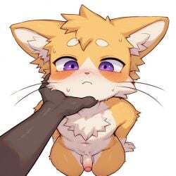 above_view ai ai_generated anthro boyfriend catboy cute cute_expression cute_male feline femboy furry gay good_boy hand_on_chin hand_on_head legoshiboy male medium_penis purple_eyes shy submissive submissive_male sweat yellow_body yellow_fur