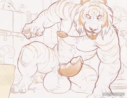 anthro balls big_balls claws crouching erection feline huge_balls jewelry looking_at_viewer male male_only mammal muscular necklace partran partran_(character) partran_(tiger) penis smile smirk solo spottyjaguar tiger