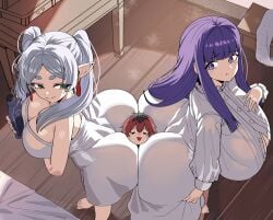 1boy 2girls anime annoyed annoyed_expression ass ass_in_dress ass_sandwich big_ass big_breasts breasts button_gap clothed clothed_male dress extreme_size_difference fern_(sousou_no_frieren) frieren frieren_beyond_journey's_end gamjasssak huge_ass large_boobs large_breasts mage manga short_hair short_hair_male size_difference sousou_no_frieren stark_(sousou_no_frieren) surrounded_by_ass teasing warrior