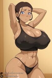 1female 1girls 2026 abs ai_generated armpits arms_behind_head arms_up artist_name avatar_the_last_airbender big_ass big_breasts black_panties blue_eyes blush braid breasts brown_hair cleavage covered_nipples curvy dark-skinned_female dark_skin female female_only hair_ornament hairclip hi_res high_quality high_resolution highres huge_ass huge_breasts katara looking_at_viewer navel panties patreon patreon_username skindentation solo sports_bra sweat thighs underwear unjobdespiert watermark web_address