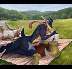 absurd_res alcohol amphibian animal_genitalia animal_penis anthro ass basket bedding beverage black_bars blanket bodily_fluids bottomwear bread closed_eyes clothing container cup detailed_background digital_media_(artwork) drinking_glass duo erection food frottage fruit gecko generation_6_pokemon genital_fluids genitals glass glass_container glass_cup grass greninja hi_res jomagaher kissing leaking_precum letterbox lizard loxori lying male male/male muscular muscular_anthro muscular_male nature_background nintendo nude on_back outside penile penis penises_touching picnic picnic_basket plant pokemon pokemon_(species) precum precum_on_penis precum_string reptile romantic romantic_couple romantic_sex scalie sex shirt shorts story story_in_description tail topwear tree wine wine_bottle wine_glass