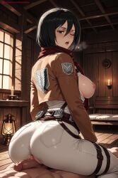 1boy 1girl ai_generated ass attack_on_titan belt black_eyes black_hair blush breasts breath buckle emblem hetero hi_res high_quality high_resolution jacket kiraamane lantern large_breasts lips looking_at_viewer looking_back mikasa_ackerman nipples open_mouth pantylines paradis_military_uniform patreon patreon_username penis scarf seductive sexy shiny shiny_skin short_hair thigh_strap training_corps_(emblem) uncensored watermark