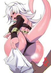 1boy 1girls 2010s android_21 angry ashiomi_masato ass black_panties black_sclera breasts dark-skinned_male dark_persona dark_skin dragon_ball dragon_ball_fighterz female huge_ass huge_breasts human humanoid large_ass long_hair majin majin_android_21 panties pants pink_skin pointy_ears red_eyes smell sweat tail thick_thighs veins wet white_hair wide_hips