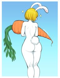 afrobull anthro artist_name ass blonde_hair blue_background carrot carrot_(one_piece) ears ears_up female female_only fur furry furry_only kneepits lagomorph nude one_piece rabbit rabbit_ears rabbit_humanoid short_hair smile solo tail vegetable white_body white_border white_fur