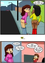 3girls ass bare_ass bare_butt black_hair blue_eyes brown_hair canon_couple car chloe_(xierra099) chocolate_and_vanilla clothed clothed_female coat comic comic_page dark-skinned_female dark_skin dialogue flashing flashing_ass flashing_butt light-skinned_female light_skin little_sister long_hair lovin'sis lovin_sis lucy_(xierra099) older_sister older_sister_and_younger_sister pigtails public_exposure sister sisters straight_hair valerie_(xierra099) xierra099