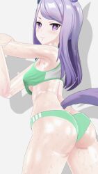 3d ass backside horse_ears horse_tail long_hair mejiro_mcqueen_(umamusume) petite petite_female purple_hair small_breasts sports_bra sports_panties stretching umamusume umamusume_pretty_derby underboob yuz_ne
