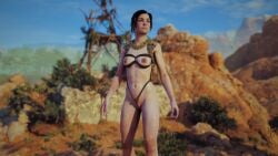 1girls 3d abs accurate_art_style aloy alternate_hair_color alternate_hairstyle bare_breasts bare_nipples beta_(horizon_forbidden_west) black_hair bondage breasts brown_hair brunette_female eyeliner eyeshadow female female_only game_screenshot green_eyes horizon_forbidden_west horizon_zero_dawn medium_breasts nude_female nude_mod official_style ropes shaved_pussy short_hair smiling standing toned toned_female