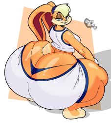 1girls anthro ass ass_cleavage ass_crack big_ass blonde_hair bottom_heavy bubble_butt bunny bunny_girl butt_crack clothed clothing countershade_face countershading dat_ass eyelashes fat_ass female female_only furry green_eyes half-closed_eyes hands_on_knees huge_ass jacky_arts lagomorph lola_bunny looking_at_viewer looking_back looney_tunes lop_ears mascara scut_tail socks_(marking) solo space_jam squatting thick_thighs toned_legs whale_tail whale_tail_(clothing)