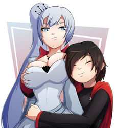 2girls black_hair blue_eyes breasts closed_eyes clothed cute dress female female_only grope groping hug large_breasts long_hair multiple_girls ravenravenraven ruby_rose ruby_rose_(vale) rwby short_hair smile vale_outfit weiss_schnee weiss_schnee_(vale) white_hair wholesome yuri