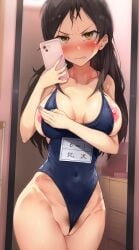 angry blue_nails blue_one-piece_swimsuit blush border breasts cellphone clenched_teeth collarbone commentary_request covered_navel cowboy_shot female female_pubic_hair fingernails furrowed_brow highres holding holding_phone hot_melon idolmaster idolmaster_million_live! indoors kitazawa_shiho large_breasts long_hair looking_at_viewer mirror mirror_selfie nail_polish nipples one-piece_swimsuit phone pink_nails pubic_hair pubic_hair_peek reflection reflection_focus scowl selfie smartphone solo standing sweat swimsuit teeth v-shaped_eyebrows