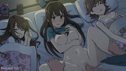 1boy 3girls alarm_clock animated areolae blush bouncing_breasts breasts brown_hair cellphone censored clock eyebrows_visible_through_hair female green_eyes hand_on_leg honda_mio idolmaster idolmaster_cinderella_girls long_hair looking_at_viewer lying male mosaic_censoring multiple_girls navel nipples on_back penis phone pillow pubic_hair pussy saliva sex shibuya_rin shimamura_uzuki shirt_lift short_hair sleeping spread_legs stealth_sex straight tank_top vaginal_penetration wakamatsu372