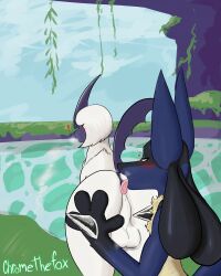 absol absurd_res ambiguous_gender anal anthro ass backsack ball_musk balls big_ears black_body black_fur blue_body blue_fur blush breath butt_grab chromethefox duo feral fur generation_3_pokemon generation_4_pokemon genitals hand_on_butt heart_symbol hi_res looking_pleasured lucario male male/ambiguous nintendo oral pokemon pokemon_(species) rimming sex surprised tongue tongue_out white_body white_fur