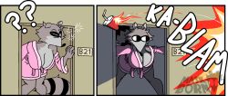 1girls bottomless bottomless_female breasts comic_panel comic_panels diegutan explosion female female_only nude_underneath oc original_character robe robe_only suprised thighs uva_the_raccoon waking_up