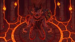 2026 2_horns anthro black_body black_fur black_hair black_horn black_tail blood blue_body blue_fur blue_hair blue_tail bluestripedrenulian bodily_fluids bottomwear clothed clothed_anthro clothed_male clothing collar dated dragon eastern_dragon facial_hair fangs fur furred_dragon furred_scalie gore grey_bottomwear grey_clothing grey_pants hair hi_res horn impalement kneeling lakota_(deemage) lava looking_at_viewer male male_anthro markings melee_weapon mohawk moustache multicolored_body multicolored_fur multicolored_hair multicolored_tail mythological_creature mythological_scalie mythology pants pink_nose polearm scalie shirt short_hair snout solo spear spiked_collar spikes striped_markings striped_tail stripes tail tail_markings teeth topwear torn_bottomwear torn_clothing torn_pants torn_shirt torn_topwear two_tone_hair weapon white_body white_fur white_tail wounded yellow_body yellow_eyes yellow_fur yellow_tail