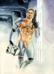 1boy abs armor big_penis blaster bottomless bottomless_male brown_hair chav crossed_legs death_star e-11_blaster_rifle facial_hair flaccid functionally_nude hairy_chest half-dressed helmet leaning_against_wall male male_only mostly_nude muscle precum_bubble solo solo_focus star_wars stormtrooper topless