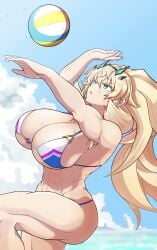 abs absurdres arms_up ball bare_arms bare_legs bare_shoulders barghest_(fate) barghest_(swimsuit_archer)_(final_ascension)_(fate) beach_volleyball biceps bikini blonde_hair blue_sky breasts cloud cloudy_sky commentary fate/grand_order fate_(series) female green_eyes highres horns huge_breasts long_hair looking_up moyashi_(tenor366) multicolored_bikini muscular muscular_female open_mouth outdoors playing_sports shore sky solo sweat swimsuit tall_female thick_thighs thighs untranslatable_commentary volleyball