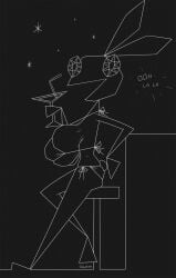 absurd_res anthro big_breasts bikini black_background black_body breasts clothed clothing colored_line_art conditional_dnp creatiffy digital_drawing_(artwork) digital_media_(artwork) female hi_res lagomorph leporid looking_at_viewer mammal monochrome open_mouth rabbit simple_background solo swimwear tail text topwear two-piece_swimsuit vib-ribbon vibri white_line_art