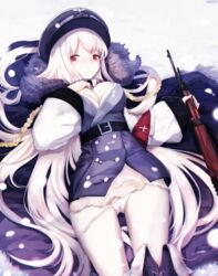 bangs belt blush bolt_action boots breasts check_commentary cleavage coat commentary commentary_request dyolf eyebrows_visible_through_hair female fur_trim girls'_frontline gun hat holding holding_gun holding_weapon kar98k_(girls_frontline) long_hair looking_at_viewer lying mauser_98 military military_hat military_uniform on_back panties pussy pussy_juice_stain pussy_peek red_eyes underwear uniform very_long_hair weapon white_hair