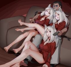 1boy 3girls bottomless cerberus_(helltaker) cute demon demon_tail dog_ears feet female helltaker helltaker_(character) male no_pants red_eyes tagme white_hair wholesome 髭and髪