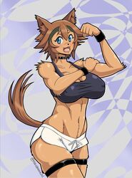 1girls abs animal_ears animal_tail anthro athletic big_breasts blue_eyes blush breasts brown_fur brown_hair canine canine_humanoid clothed clothing dog_ears dog_girl dog_humanoid dog_tail doggirl female_only flexing fugubarakun fur furry monster_girl monster_musume_no_iru_nichijou mouth_open no_bra polt_(monster_musume) short_hair tail text toned_body watermark white_shorts wide_hips