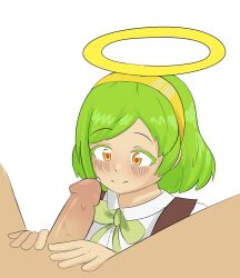 1boy 1girls bakudon blush green_hair hairband halo penis precum puyo_puyo puyo_puyo_quest roco_(puyo_puyo) short_hair yellow_eyes