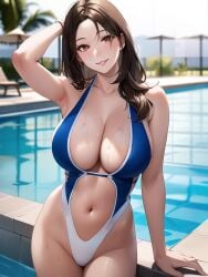 1girls ai_generated ai_mirror arm_up armpits belly_button big_breasts blue_swimsuit blush bracelet brown_eyes brown_hair bush fence hand_behind_head in_water long_hair looking_at_viewer one_piece_swimsuit palm_tree pool pool_chair smile umbrella