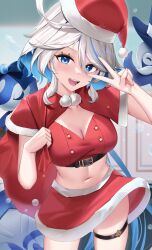 1girls blue_eyes breasts christmas cleavage cute furina_(genshin_impact) genshin_impact midriff peace_sign santa_costume santa_hat skai_kun skirt smooth_skin solo_female white_hair