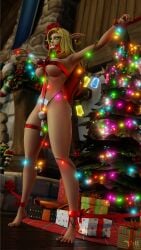 2023 3d blonde_hair blood_elf candy_cane_gag christmas christmas_gift christmas_ornaments christmas_tree elf elf_ears female gagged glowing_eyes green_eyes lights pointy_ears ribbon_bondage ribbons tiptoes vell(vellektra) vellektra vibrator world_of_warcraft