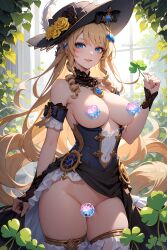ai_generated armlet black_headwear blue_eyes censored clover corset flower four-leaf_clover genshin_impact hat hat_flower holding holding_object jewelry jibaku789 large_breasts light_smile long_hair navia_(genshin_impact) necklace nipples nude pussy thighhighs very_long_hair