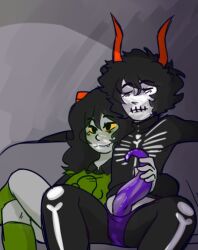 alien alien_genitalia assisted_masturbation blush closed_eyes clothes_on dominant_female homestuck horns kurloz_makara mcsiggy meulin_leijon nipples_visible_through_clothing on_couch sitting tentabulge