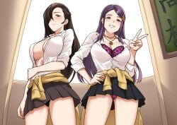 2girls alternate_costume alternate_hairstyle animal_print ass_visible_through_thighs bbk_(13zk) black_panties blush bra breasts brown_eyes brown_hair cameltoe cleavage clothes_around_waist commission cowboy_shot earrings female female_only fire_emblem fire_emblem_fates gyaru hair_ornament hair_over_one_eye hairpin hands_on_own_hips heart heart_earrings holding_own_arm hoop_earrings indoors jewelry kagero_(fire_emblem) large_breasts leopard_print leopard_print_bra leopard_print_panties long_hair looking_at_viewer mature_female multiple_girls naughty_face necklace nintendo no_bra open_clothes open_mouth open_shirt orochi_(fire_emblem) panties pantyshot pink_nails ponytail purple_bra purple_eyes purple_hair purple_panties romaji_text smile sweater sweater_around_waist underwear upskirt v