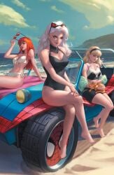 3girls beach bikini black_cat_(marvel) felicia_hardy female female_only gwen_stacy hairband marvel marvel_comics mary_jane_watson official_art panties sitting_on_car spider-gwen spider-man_(series) spider-mobile