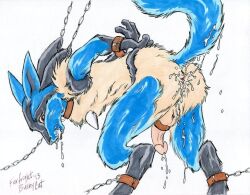 2013 anthro arm_cuffs arms_behind_back bent_over bondage bound bushycat chained chains collar creampie cum cum_in_ass cum_in_mouth cum_inside cum_on_body erection furry leg_cuffs lucario male_only multicolored_body multicolored_fur penis pokemon pokemon_(species) testicles