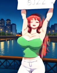 ai_generated animated aniyome_wa_ijippari blush brown_eyes city cleavage curvaceous curvy curvy_female curvy_figure female female_focus female_only green_tank_top hi_res holding_object holding_sign huge_breasts lips lipstick long_hair lover-in-law milf necklace night outdoors red_hair tagme takama_kozue tank_top video voluptuous voluptuous_female wife