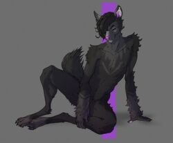 2018 4_toes 5_fingers anthro arm_support biped black_claws black_hair canine claws collarbone dark_theme flaccid fluffy fluffy_tail front_view frown full-length_portrait fur girly gloves_(marking) grey_background grey_fur grey_tail hair hair_over_eye half-closed_eyes hindpaw holding_leg jackal lethal_doors lighting looking_down male mammal markings nude pawpads paws pecs penis pink_pawpads pinup portrait pose purple_eyes purple_nose purple_penis shadow short_hair simple_background sitting snout solo terrus_(terrus_fal113) toe_claws toes