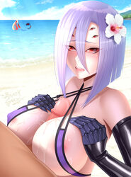 1boy 1girls ambiguous_gender animal_humanoid areola_slip areolae artist_name beach being_watched big_breasts bikini bikini_top blacksaikou blue_hair blush breasts bug_joints detached_sleeves duo faceless_male fangs female flower hair_between_eyes hair_flower hair_ornament highres huge_breasts human human_on_humanoid humanoid interspecies large_breasts latex male micro_bikini milotic monster monster_girl monster_musume_no_iru_nichijou multi_eye nipple_bulge nipples nude open_mouth outdoors outercourse paizuri penis pokemon pokemon_rse puffy_nipples rachnera_arachnera red_eyes seaside short_hair silver_hair solo_focus spider_girl spider_humanoid straight text watching watermark wet