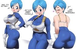 1girls 2021 armor ass ass_focus ass_shot back back_view battle_armor blue_clothing blue_eyes blue_hair bodysuit bra breast_focus breasts bubble_butt bulma_briefs dialogue dragon_ball dragon_ball_super dragon_ball_z echosaber english_text female female_focus female_only front_view hand_on_hip hi_res huge_ass large_breasts looking_at_viewer looking_back mature_female milf mother saiyan_armor short_hair simple_background solo text tight_clothing tight_fit tits tongue tongue_out vegeta_(cosplay) very_short_hair white_background white_bra wink winking_at_viewer