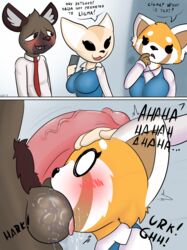 1boy 2018 2girls aggressive_retsuko aggretsuko anthro ball_suck balls big_penis blush canine clothed clothing comic english_text fellatio female fennec fenneko forced fox fully_clothed haida haida_(aggretsuko) huge_cock hyena ligma male mammal meme multiple_girls nude office_lady oral penis questionable_consent red_panda retsuko sanrio sex smooth_fur starit straight sucking text