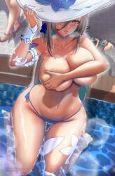 1girls aponia aponia_(honkai_impact) big_breasts bikini bikini_bottom breasts cleavage covering covering_breasts female female_only hair hair_over_one_eye hat headwear hips honkai_impact_3rd huge_breasts lips long_hair purple_eyes rikadoh solo solo_female sun_hat thighs water wet wet_body white_hair wide_hips